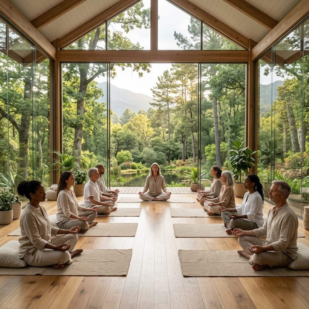 A group seated in meditation in a glass pavilion overlooking a forest