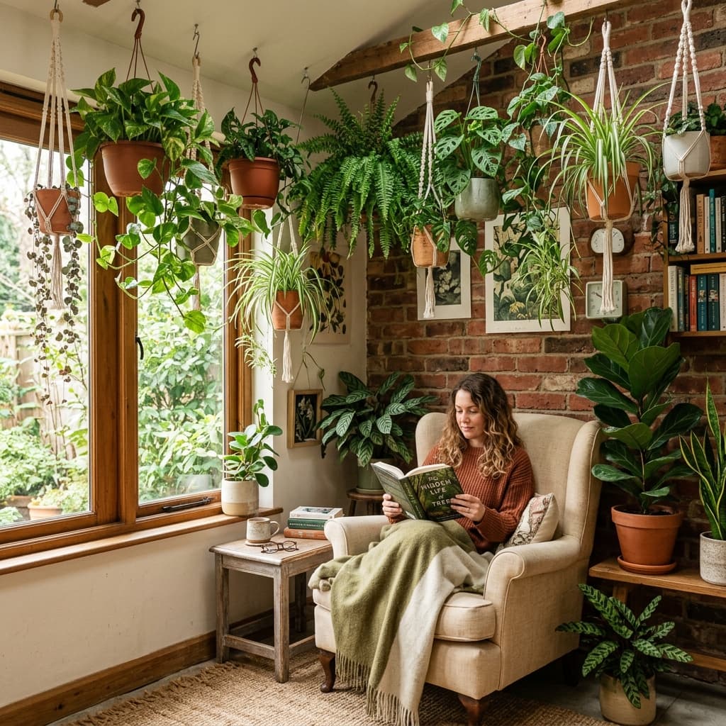 A reading corner filled with hanging pothos, ferns and spider plants