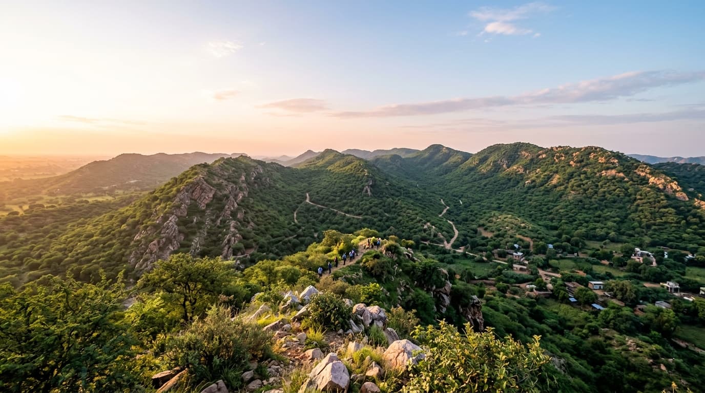 The scenic green Aravalli hills in Gurgaon under morning light