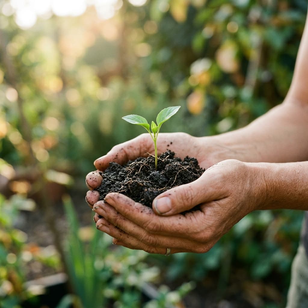 Two hands cupping soil with a young seedling growing from it
