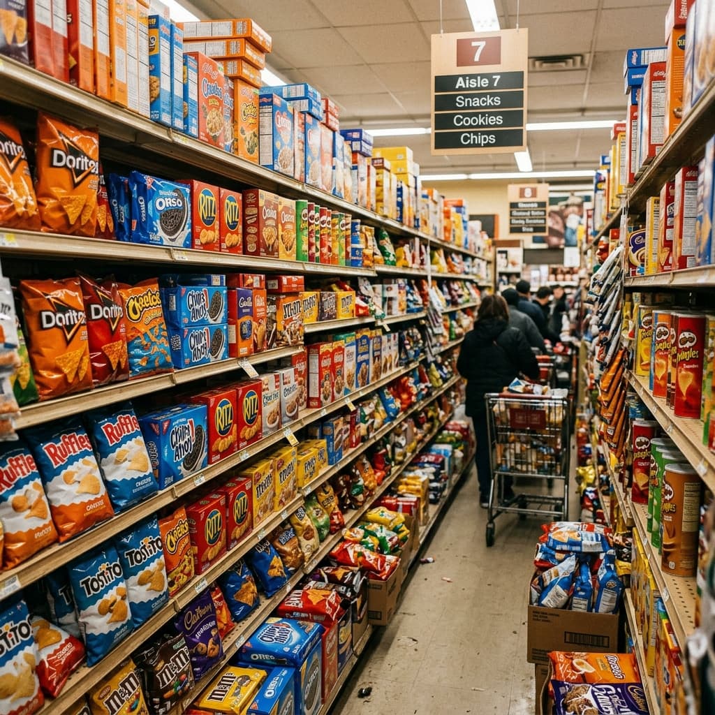 Photograph of densely packed retail shelving stretching down an aisle