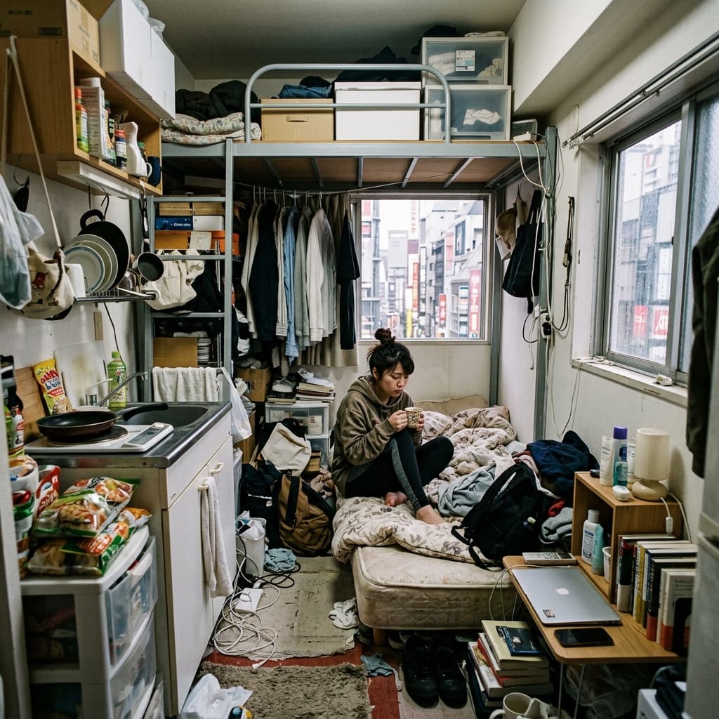 Photograph of a person alone in a small, tightly enclosed apartment