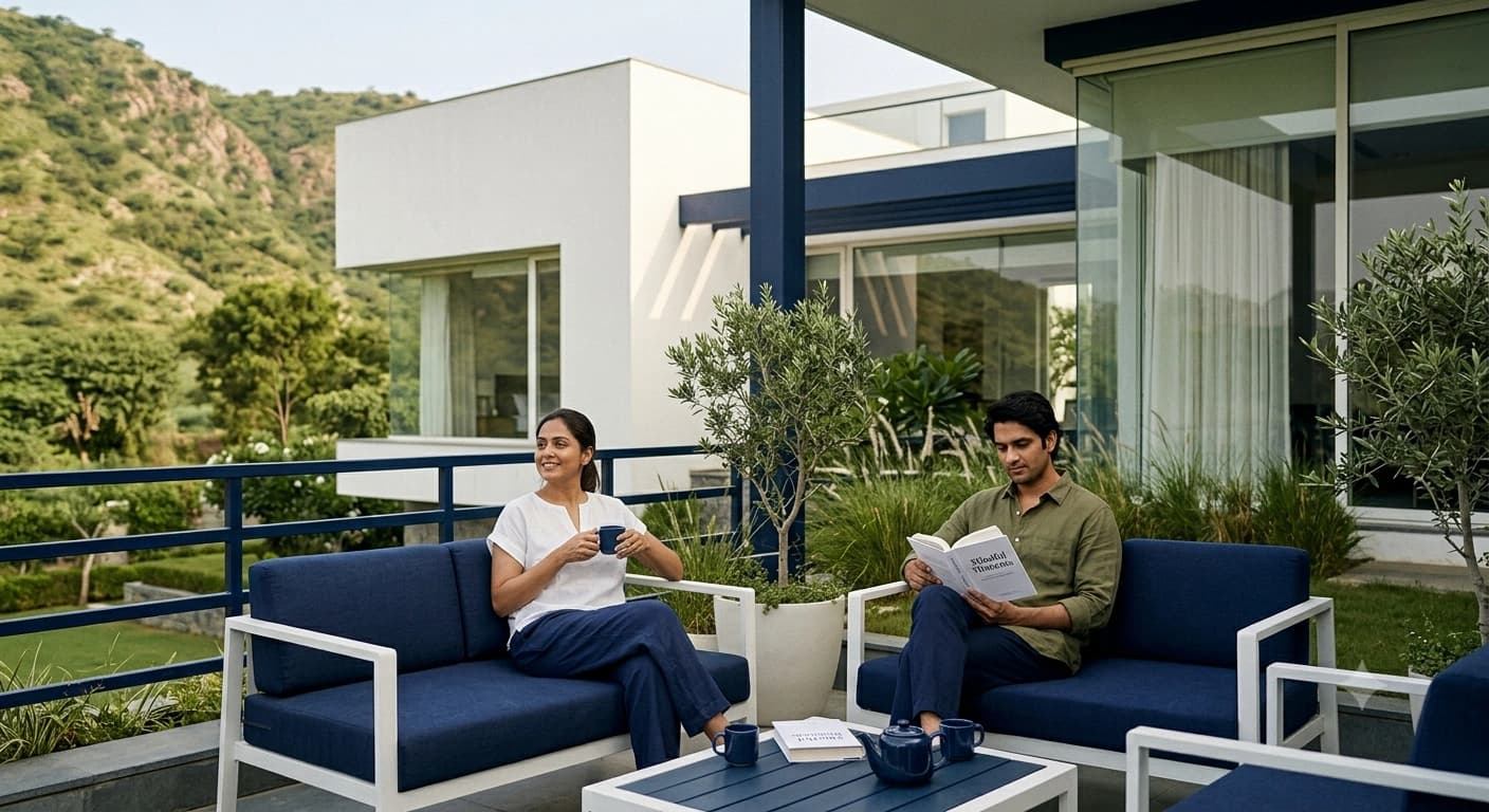 An ultra-photorealistic luxury editorial lifestyle photograph capturing an affluent Indian couple enjoying a mindful, unhurried morning.