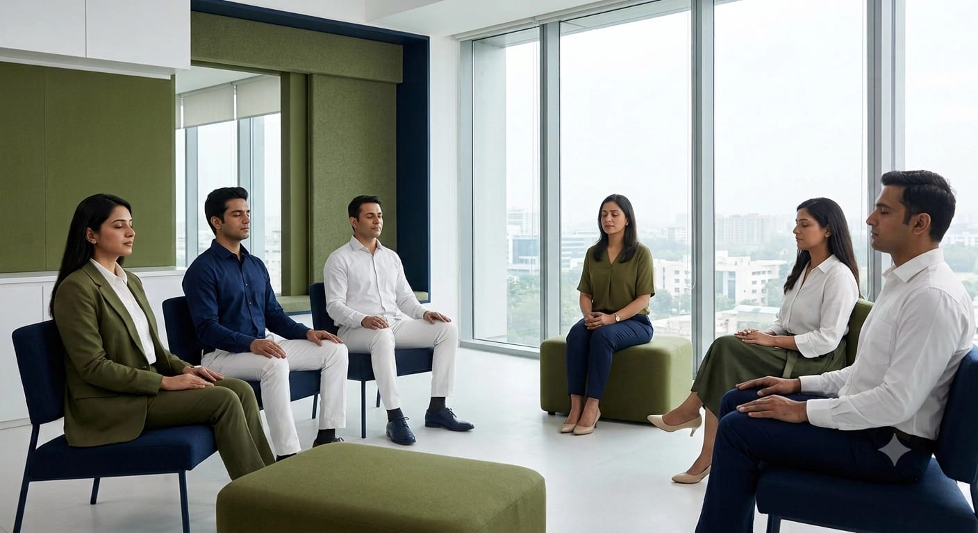 A corporate team seated in a circle in a light-filled room full of plants