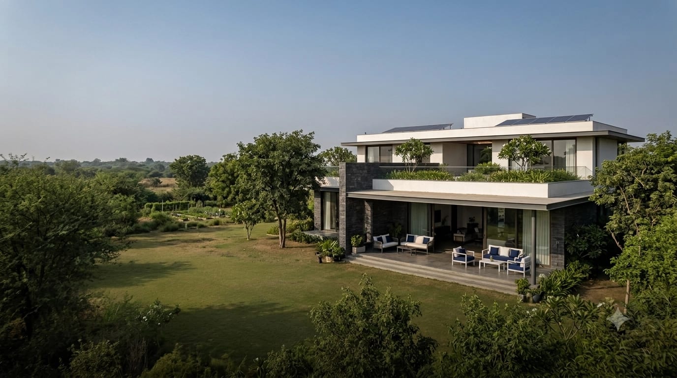 A contemporary luxury Indian home surrounded by expansive greenery, open land and mature trees, designed for spacious and sustainable living.