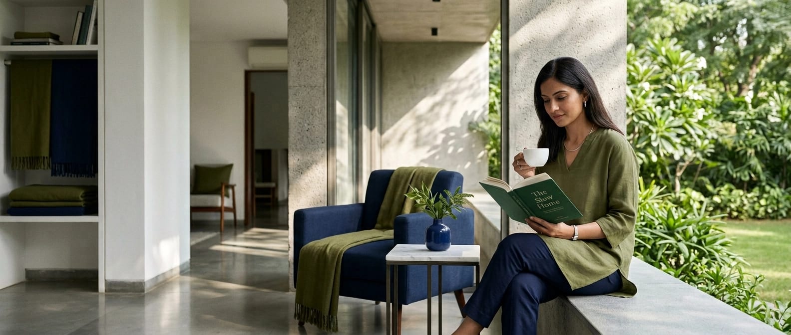 A woman reading quietly on a veranda that opens onto a garden at golden hour