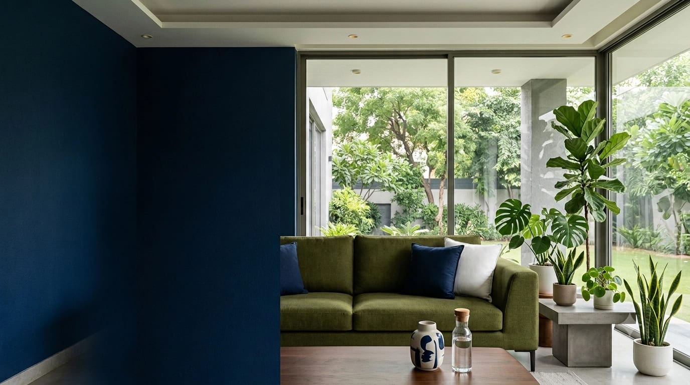 A sophisticated contemporary Indian living room with carefully selected indoor plants and thoughtfully placed everyday products, creating a calm connection between nature and modern living.