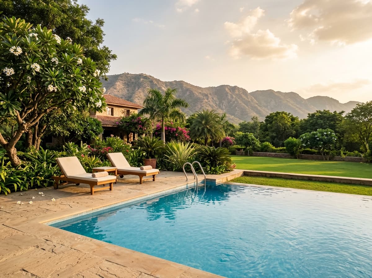 Private swimming pool at a Gurgaon luxury farmhouse overlooking the Aravalli range
