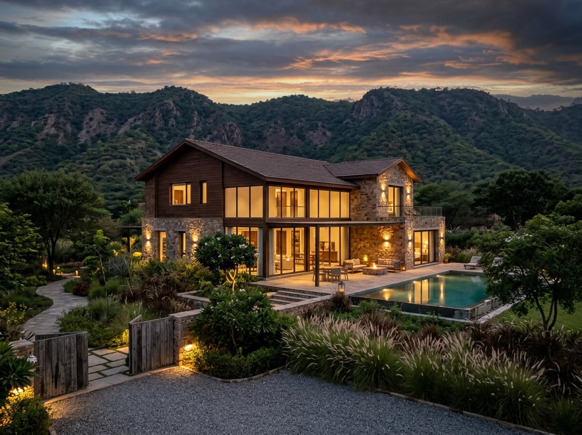 A modern luxury farmhouse villa nestled against the Aravalli foothills in Gurgaon