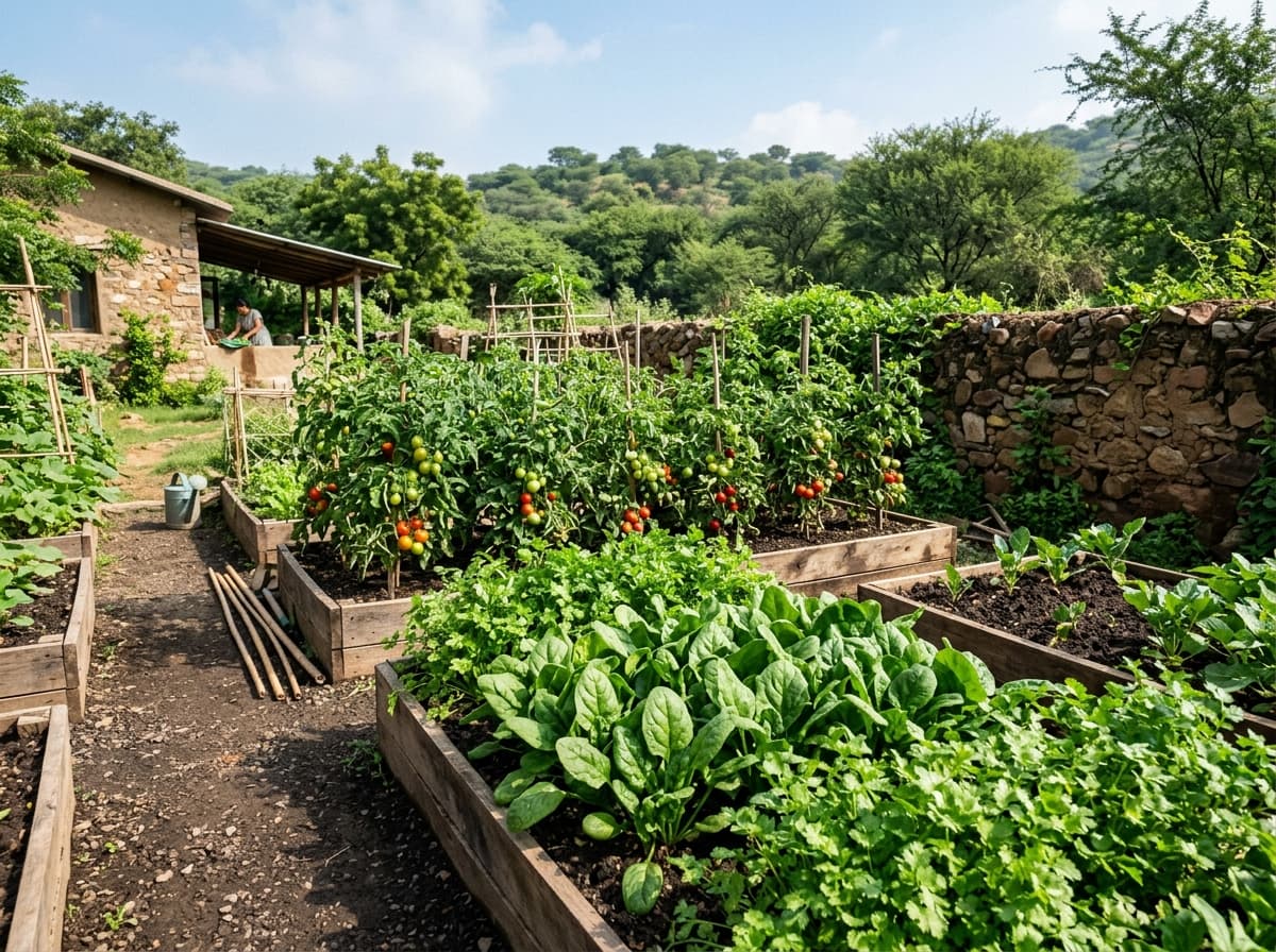 Organic kitchen vegetable garden at a Gurgaon countryside estate in Sohna