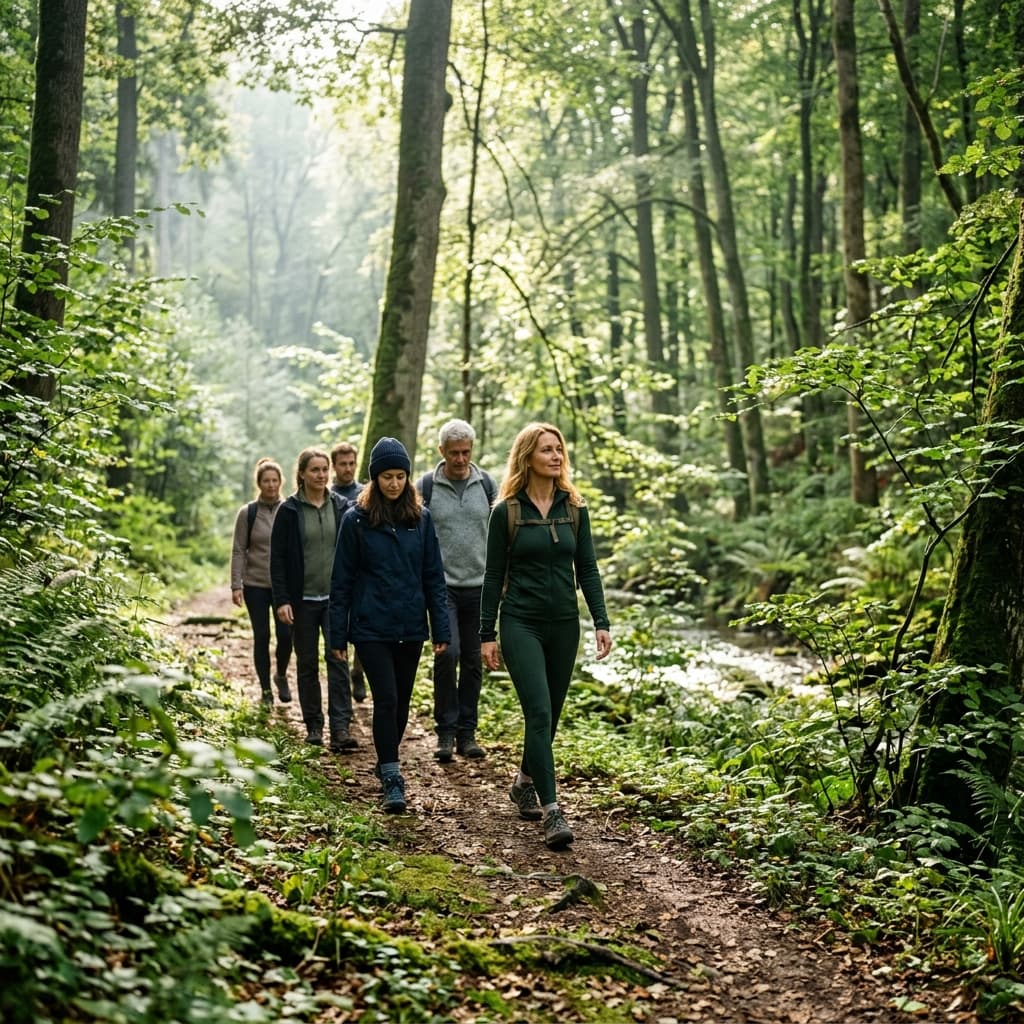A small group walking a forest trail together in the morning