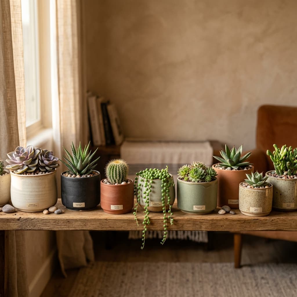 A row of small potted succulents in ceramic pots on a wooden bench