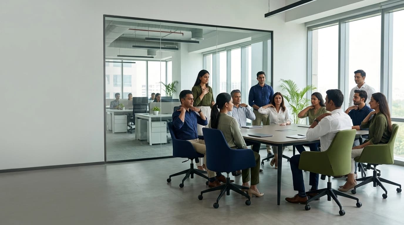 A corporate team seated in a circle on floor cushions in a plant-filled room
